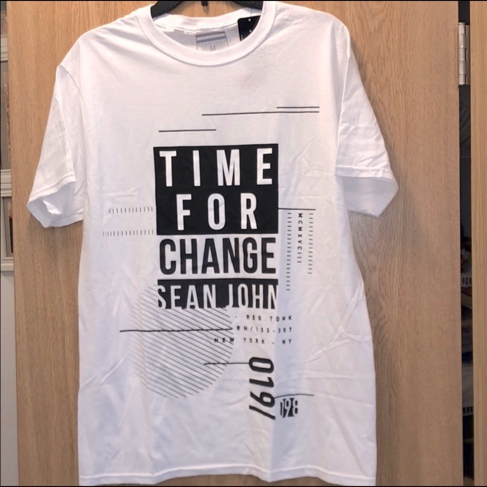 Sean john time for change T-Shirt white W/ black & grey graphics size M & L - Picture 4 of 6